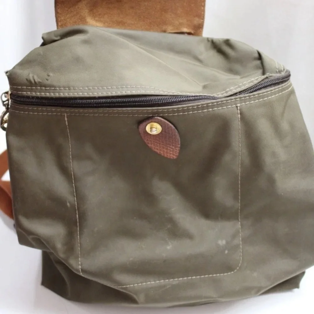 Longchamp Le Pliage Nylon Sac A Dos Backpack - Olive Green Chestnut Zip Snap - Picture 7 of 7